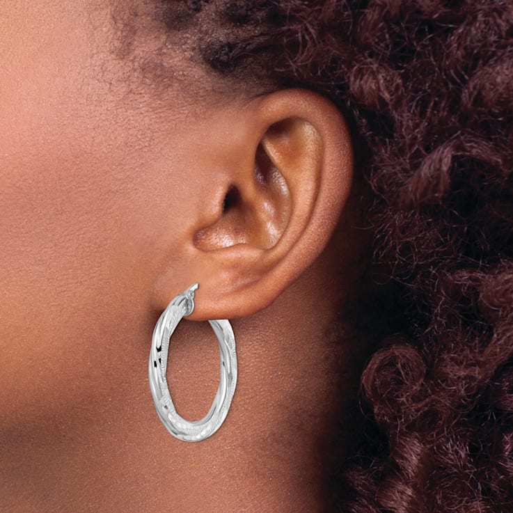 Rhodium Over Sterling Silver 3x33mm Diamond-Cut Twisted Tube Hoop Earrings