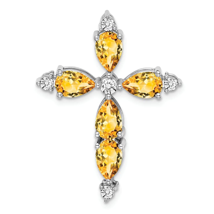 Rhodium Over 14k White Gold Citrine and Diamond Cross Chain Slide Pendant