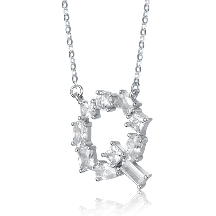 Initial Q Mixed Cut CZ Pendant Necklace In Sterling Silver 18 Inch