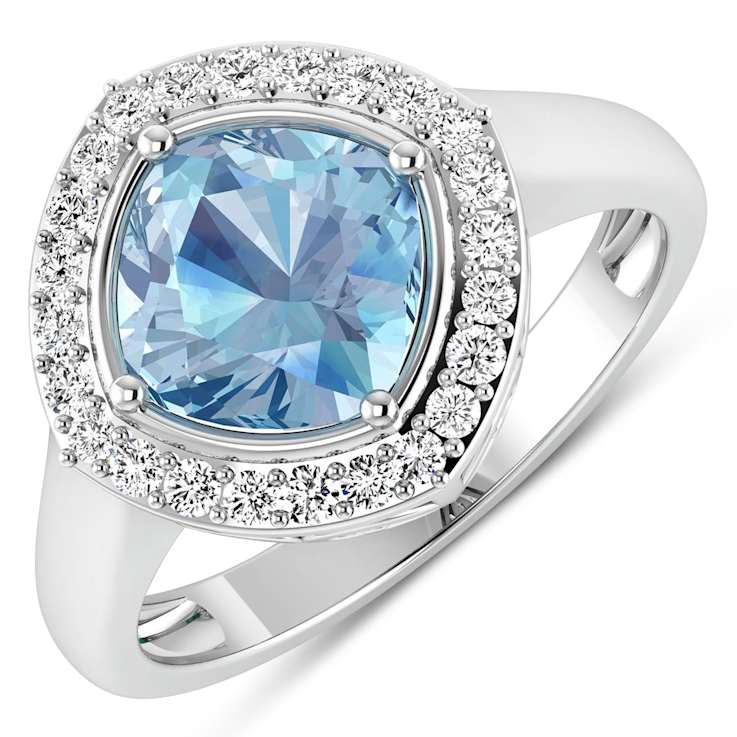 Cushion Cut Blue Aquamarine and White Diamond 14K White Gold Halo Ring
1.72 ctw