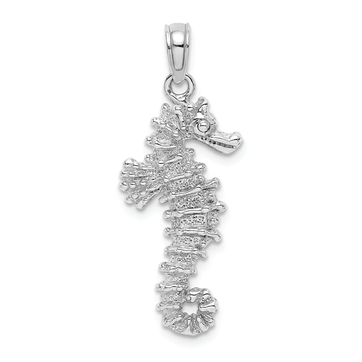 Rhodium Over 14k White Gold 3D Textured Seahorse Pendant