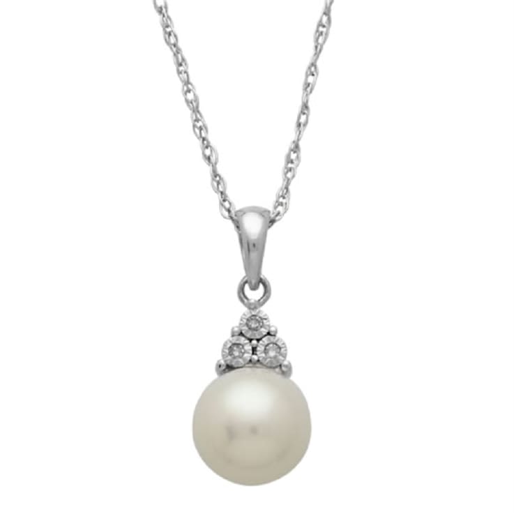 8-8.5mm Round White Freshwater Pearl with Diamond Accents Sterling
Silver Drop Pendant with Chain