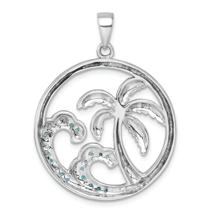 Rhodium Over Sterling Silver Cubic Zirconia Wave and Palm Tree Pendant
