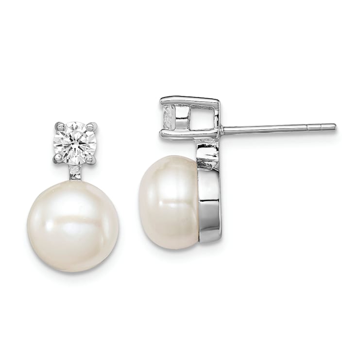 Rhodium Over Sterling Silver 7-8mm White Freshwater Cultured Pearl Cubic
Zirconia Post Earrings