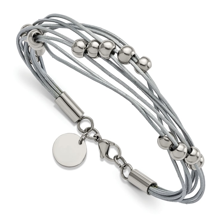 Gray Leather and Stainless Steel Polished Beaded Multi-Strand 8-inch Bracelet