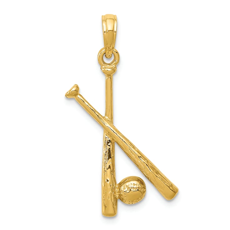14k Yellow Gold Polished and Textured Open-Backed Bats and Baseball Pendant