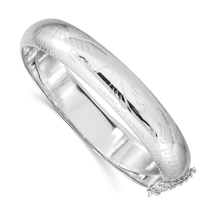 Rhodium Over Sterling Silver Diamond-cut 12mm Fancy Hinged Bangle Bracelet