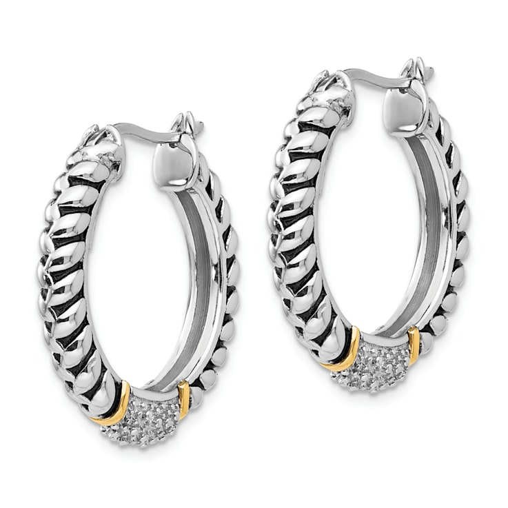 Sterling Silver Antiqued with 14K Accent Diamond Hoop Earrings