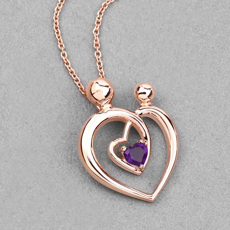 Purple Amethyst Mom and Child Interlink Heart 18K Rose Gold Over
Sterling Silver Pendant With Chain