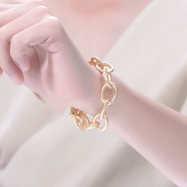 CZ Station Chain Bracelet In 14K Gold Over Brass