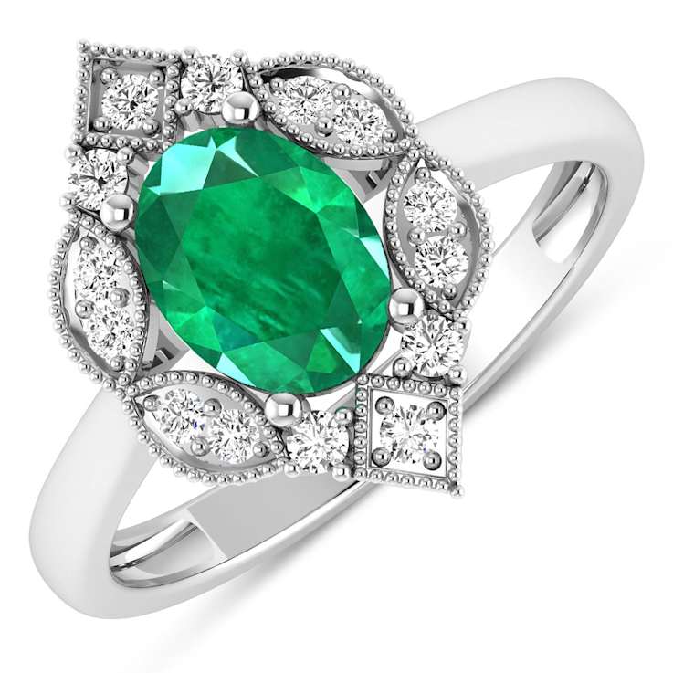 1.2ctw Green Emerald and Diamond 14K White Gold Halo Ring