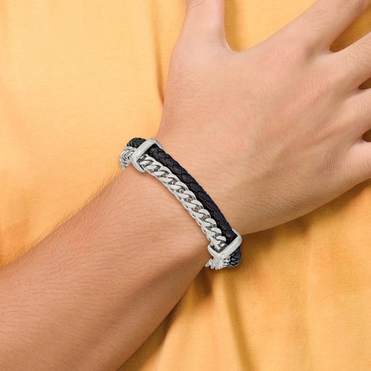 Black Leather and Stainless Steel Brushed and Chain 8-inch with 0.5-inch
Extension Bracelet