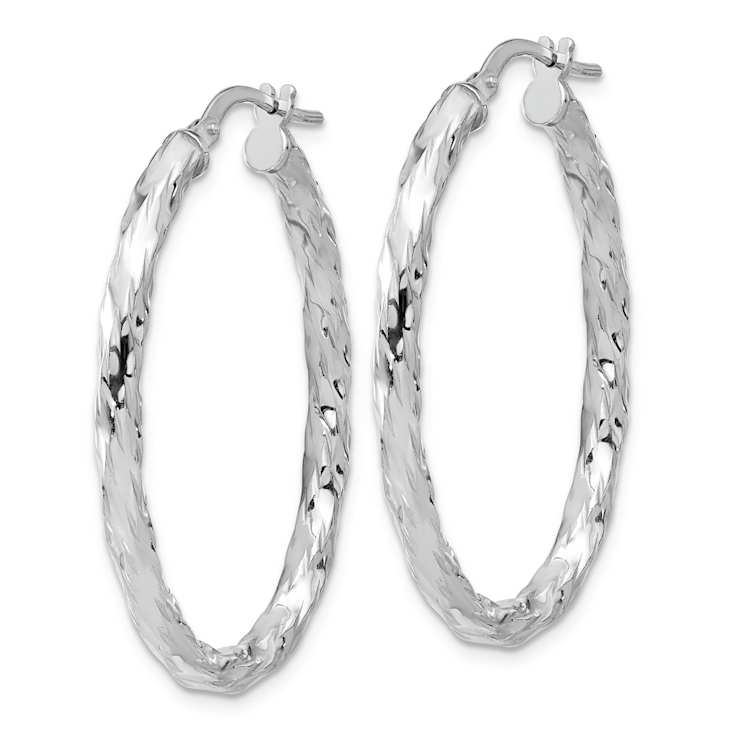 Rhodium Over Sterling Silver Polished and Textured Twisted Oval Hoop Earrings