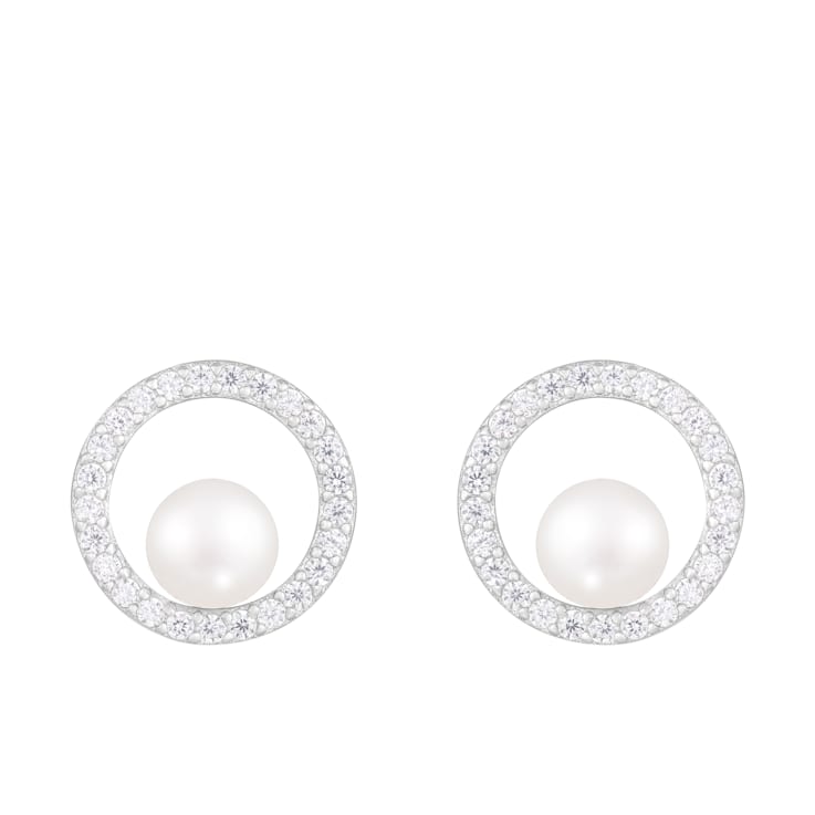 White Cultured Freshwater Pearl and Cubic Zirconia Rhodium Over Sterling
Silver 6-7mm Stud Earrings
