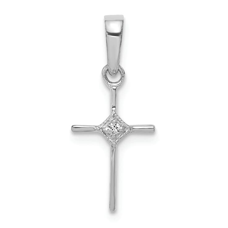 Rhodium Over 10k White Gold Small Diamond Cross Pendant