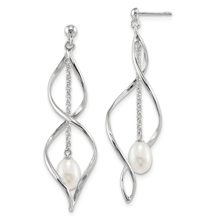 Rhodium Over Sterling Silver 7-8mm White Rice Freshwater Cultured Pearl
Dangle Earring