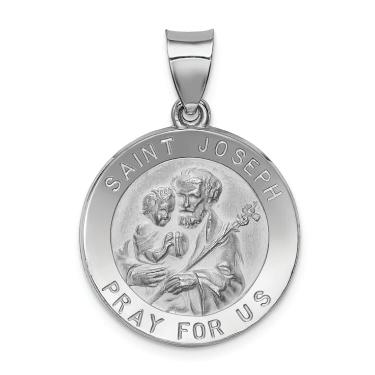 Rhodium Over 14K White Gold Polished and Satin St Joseph Medal Hollow Pendant