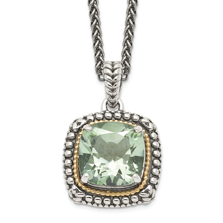 Sterling Silver Antiqued with 14K Accent Green Quartz Necklace