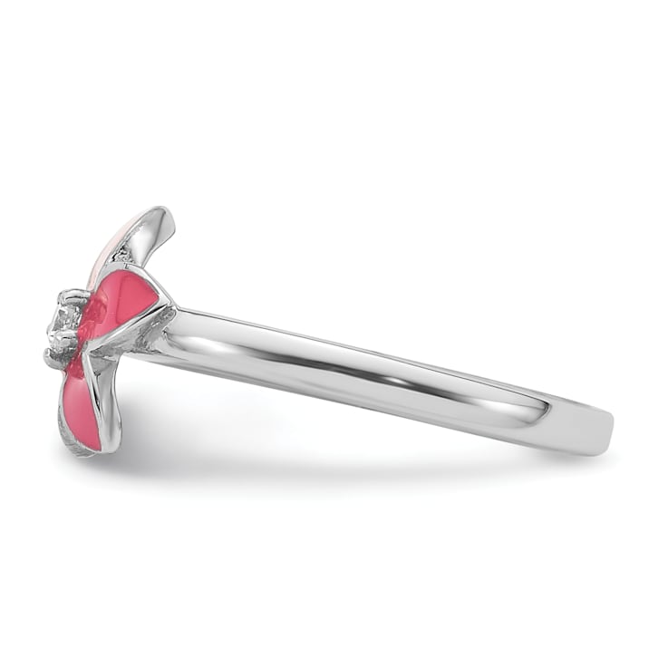 Rhodium Over Sterling Silver Pink Enameled and Cubic Zirconia Flower
Children's Ring