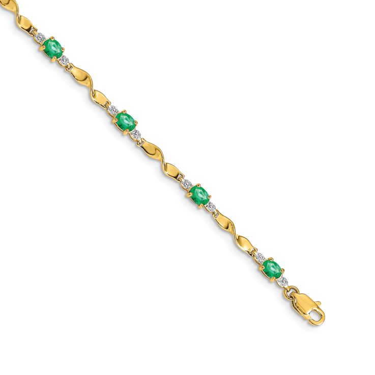 10k Yellow Gold Diamond and Oval Green Emerald Bracelet