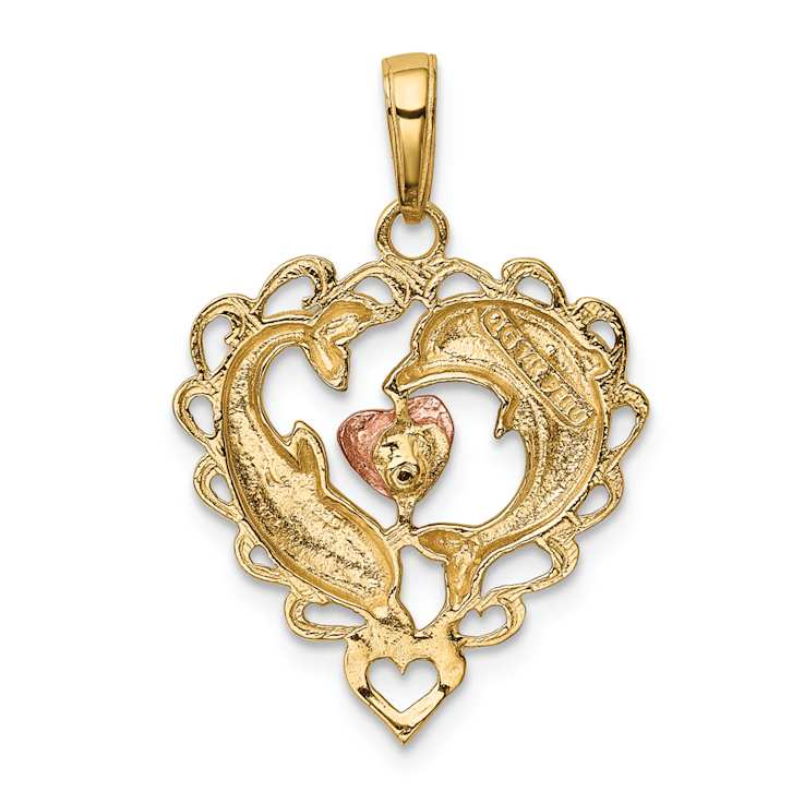 14K Tri-color Gold Textured Dolphins in Heart Pendant