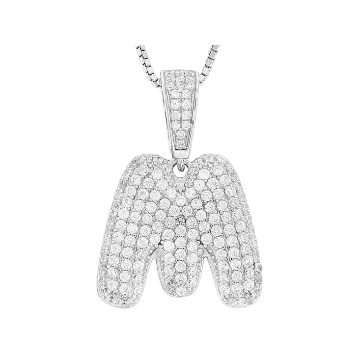 CZ Initial M Bubble Letter Pendant Necklace In Sterling Silver 1.92ctw