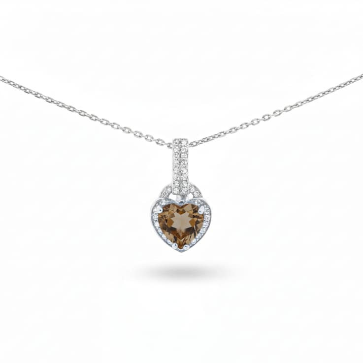 Natural Brown Whisky Quartz Sterling Silver Heart Shape Pendant with Chain