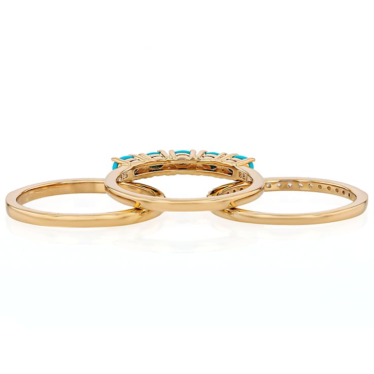 Turquoise And Solid Band Ring Set Of 3 In 18K Gold Over Sterling Silver 0.83ctw