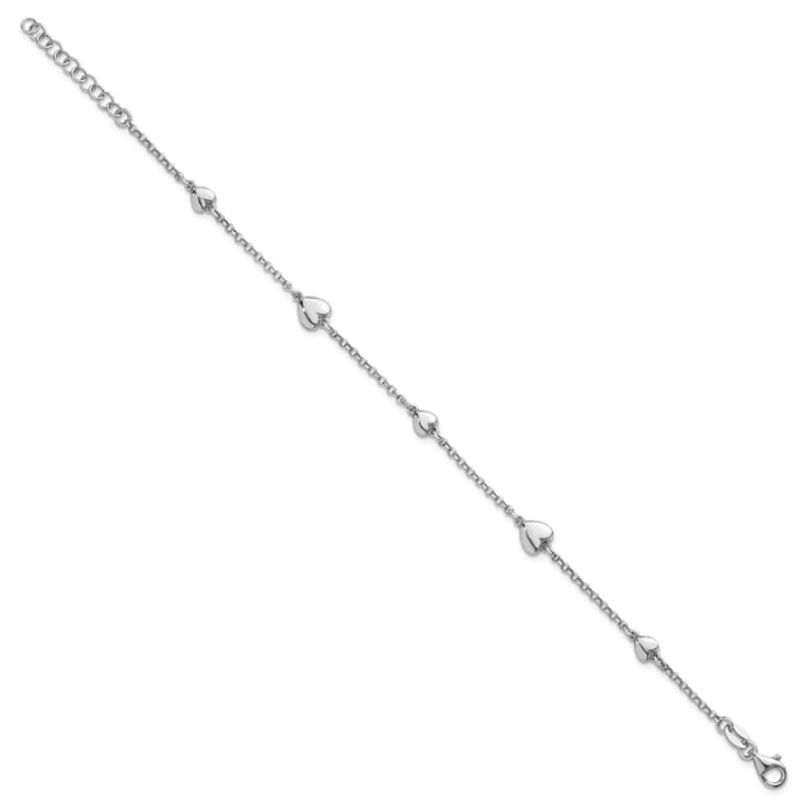 Rhodium Over Sterling Silver Polished Hearts 7 Inch with 1 Inch Extender Bracelet