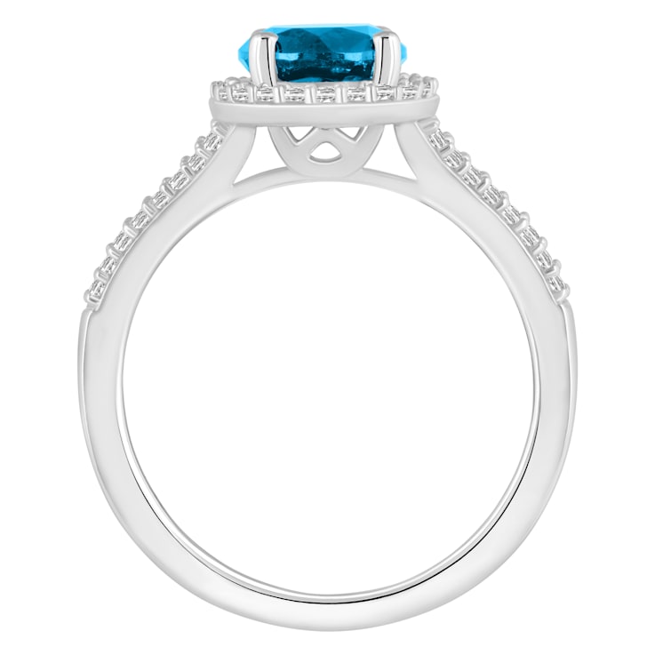 7mm Round Blue Topaz 1/4 ctw Diamond Rhodium Over Sterling Silver Halo Ring