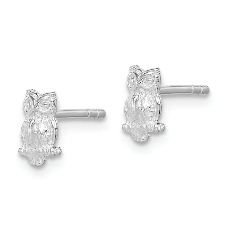 Rhodium Over Sterling Silver Polished and Textured Owl Post Earrings