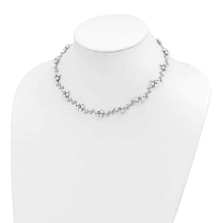 Rhodium Over Sterling Silver FW Cultured Pearl and Cubic Zirconia Floral Necklace