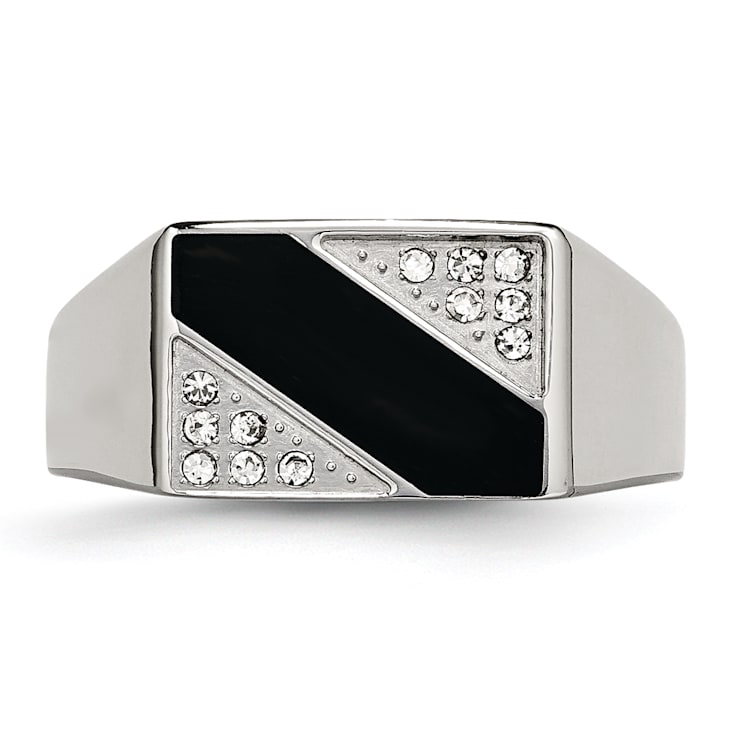 White Cubic Zirconia And Black Enamel Stainless Steel Signet Men's Ring