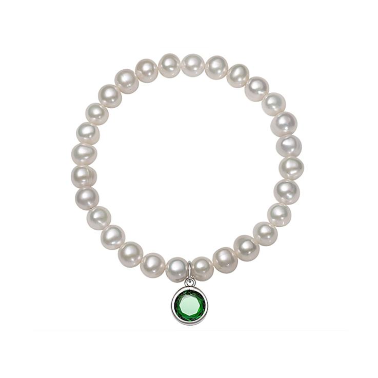 Freshwater Pearl And Green CZ Charm Stretch Bracelet In Sterling Silver