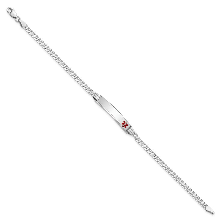 Rhodium Over 14k White Gold Medical Red Enamel Flat Curb Link ID Bracelet