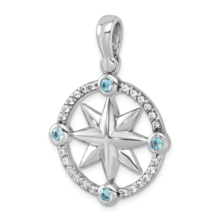 Rhodium Over Sterling Silver Polished Cubic Zirconia Compass Pendant