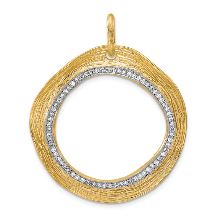 14K Yellow Gold with White Rhodium Diamond Textured Circle Pendant