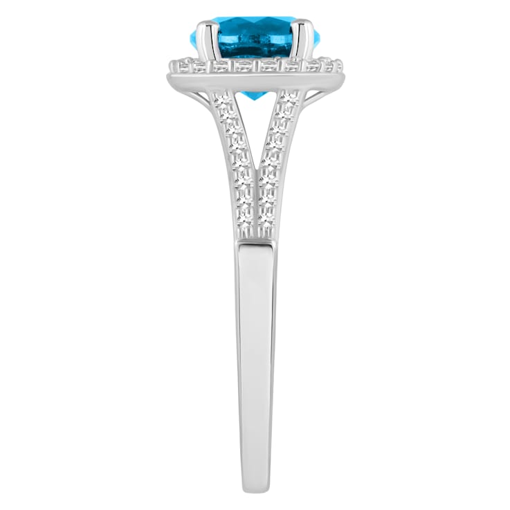 7mm Round Blue Topaz 1/4 ctw Diamond Rhodium Over Sterling Silver Halo Ring