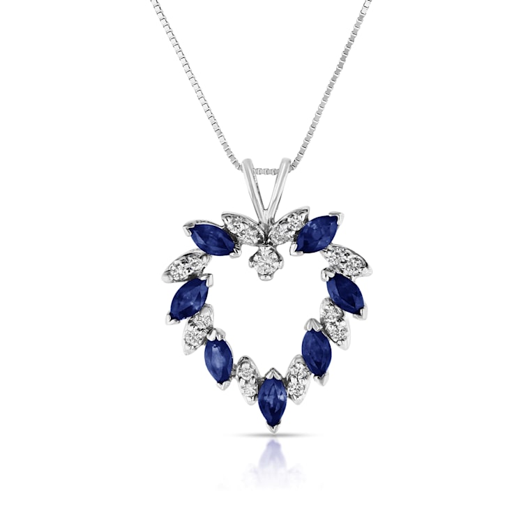 Blue Sapphire and White Diamond Heart Shape Pendant in 14k White Gold