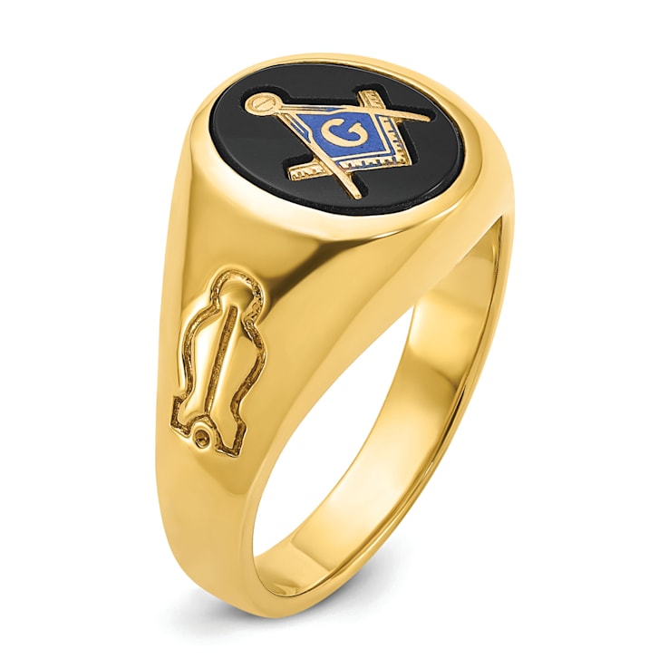 10K Yellow Gold Men's Grooved Onyx Blue Lodge Master Masonic Ring
