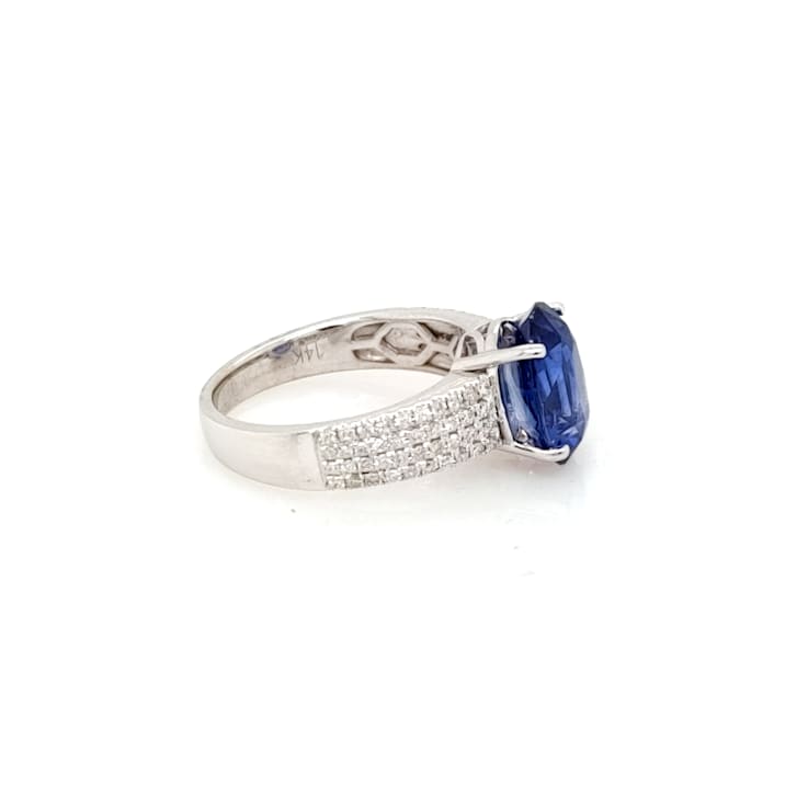 4.08 Ctw Blue Sapphire and 0.56 Ctw White Diamond Ring in 14K WG