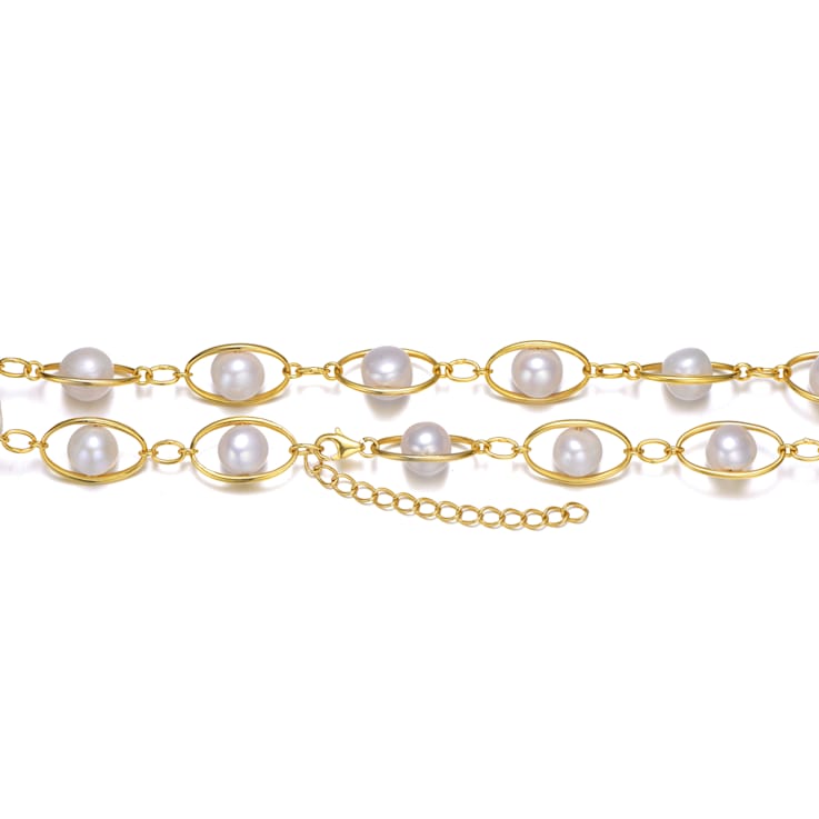 Freshwater Pearl And CZ Link Necklace In 14K Gold Over Sterling Silver
