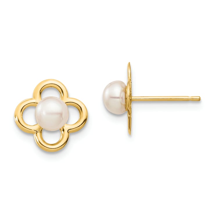 14K Yellow Gold 4-5mm White Button Freshwater Cultured Pearl Post Earrings