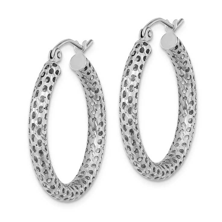 Rhodium Over 14k White Gold Diamond-Cut 1 1/16" Mesh Hoop Earrings