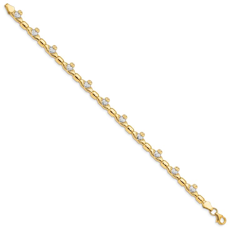 14k Two-tone Gold Diamond-Cut Claddagh Polished Link Bracelet