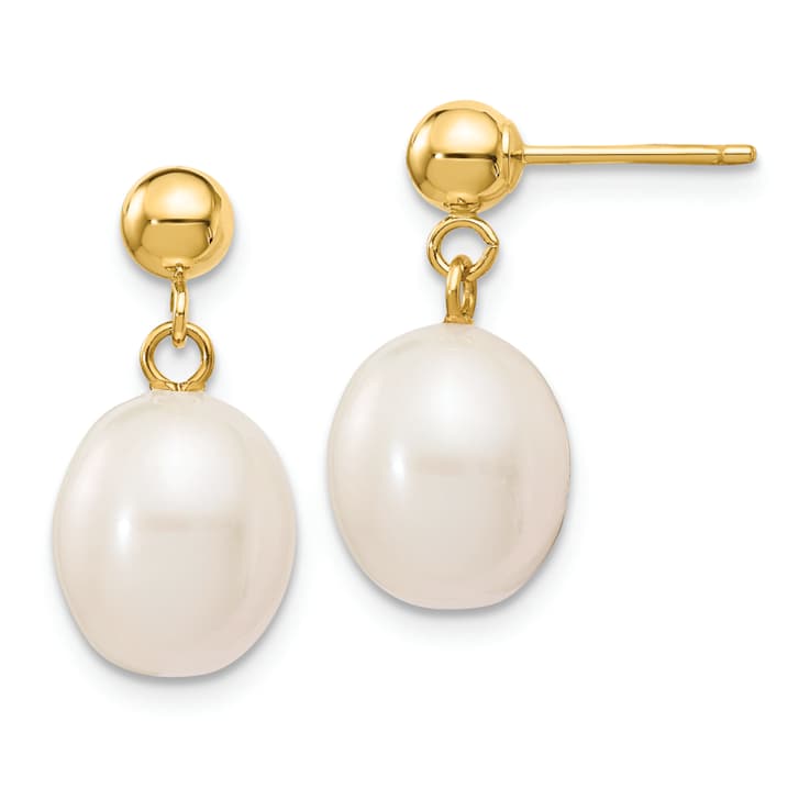 10k Yellow Gold 8-9mm White Rice Freshwater Cultured Pearl Dangle Earrings