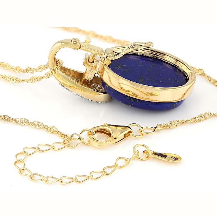 Lapis Lazuli Large Oval And White Zircon Pendant Necklace In 18K Gold
Over Sterling Silver 0.47ctw