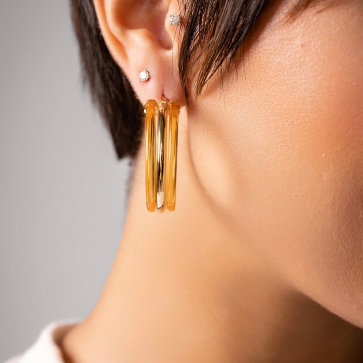 14K Yellow Gold Over Sterling Silver Acrylic Ridge Hoop Earrings in Honey