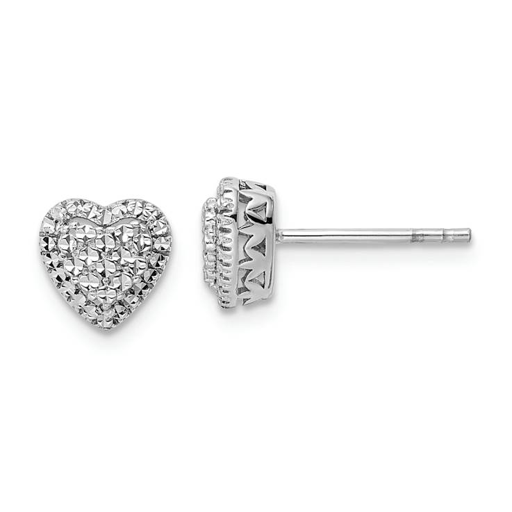Rhodium Over 14k White Gold Polished Diamond-Cut Heart Stud Earrings