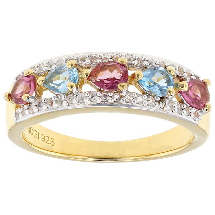 Blue, Pink And White Topaz Ring In 18K Gold Over Sterling Silver 0.97ctw